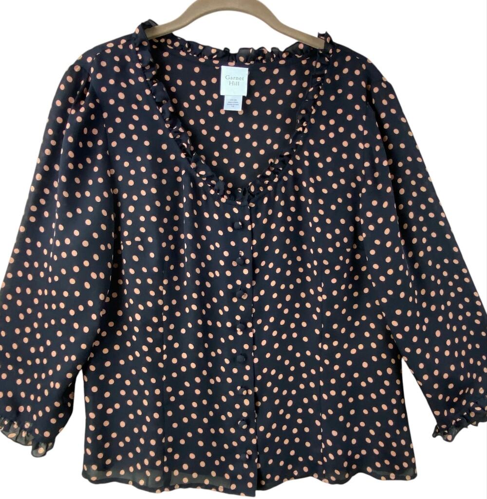 Garnet Hill 100% Silk Polka Dot Blouse Size 14 Ruffles Black Tan